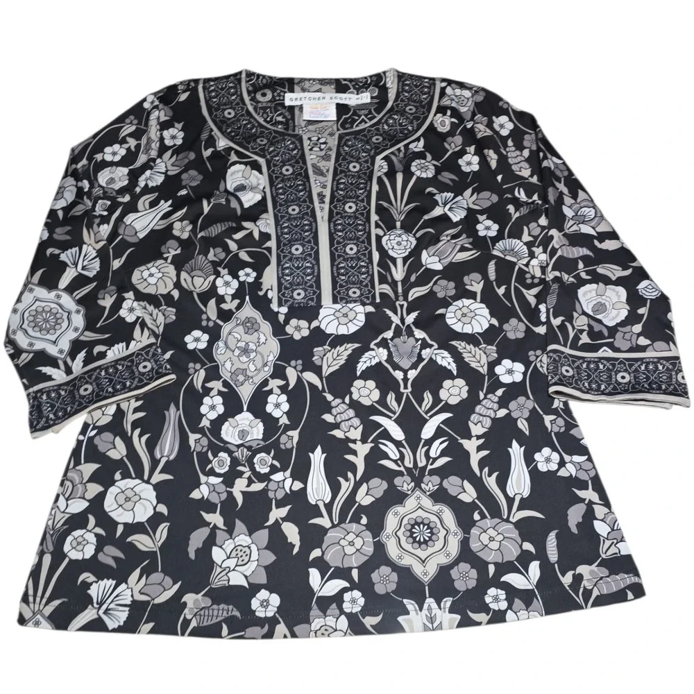 Gretchen Scott‎ Womens Topkapi Floral Damask Split Neck Tunic Top Black & Tan S